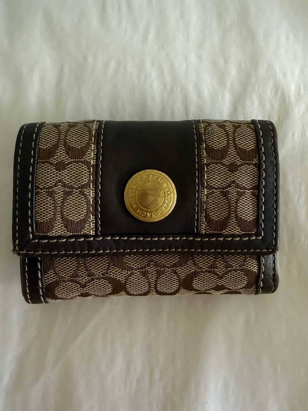 Coach Brown Signature C Canvas Small Trifold Key & Card Holder with Gold Accent